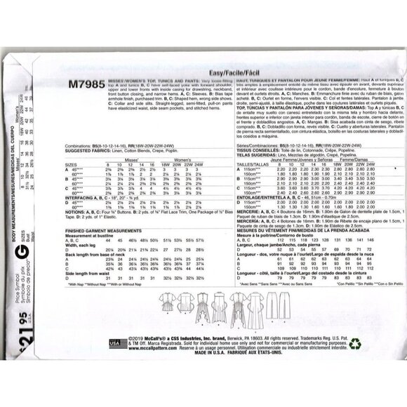 McCall's M7985 Womens 18 to 24 Peplum Tunic, Top and Pants Uncut Sewing Pattern - Picture 2 of 2